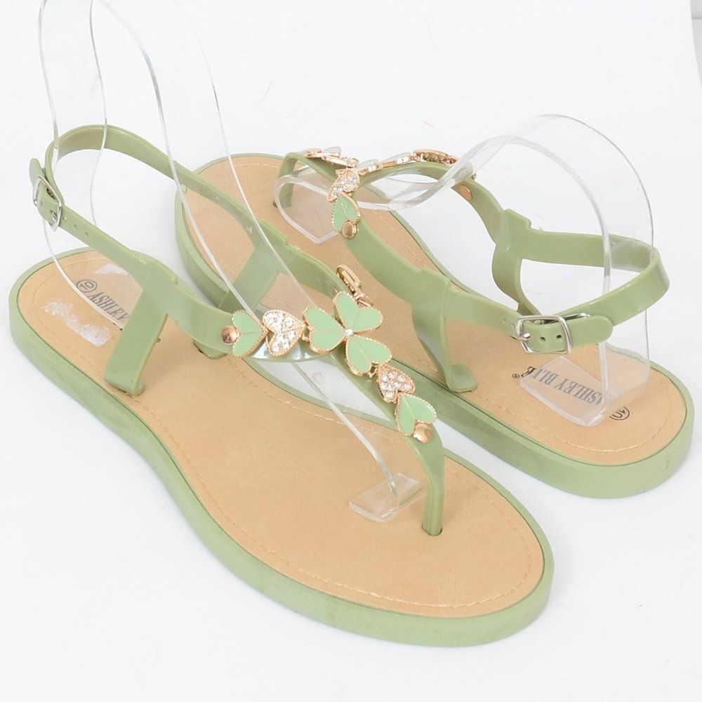 NEW Ashley Blue Clovers Hearts Jewels! Flip Flop Summer Sandals Flat Beach Shoes